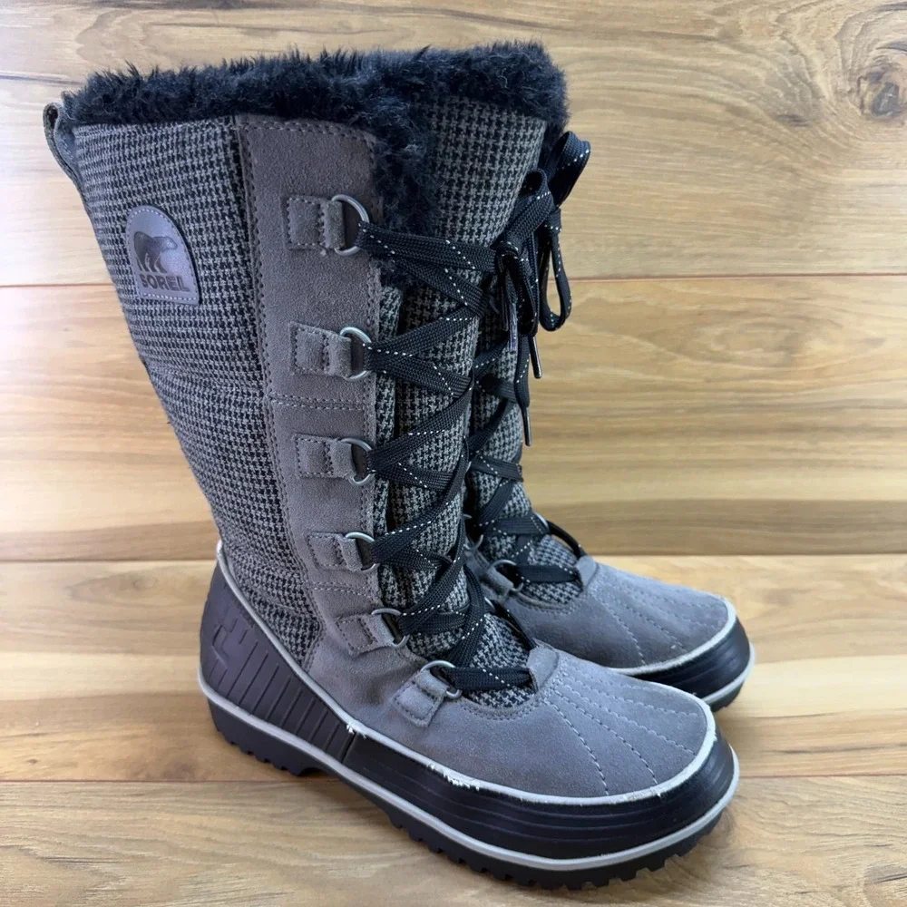 Sorel Tivolli Tall Boots Womens 9 Gray Houndstooth Waterproof Faux Fur Tall